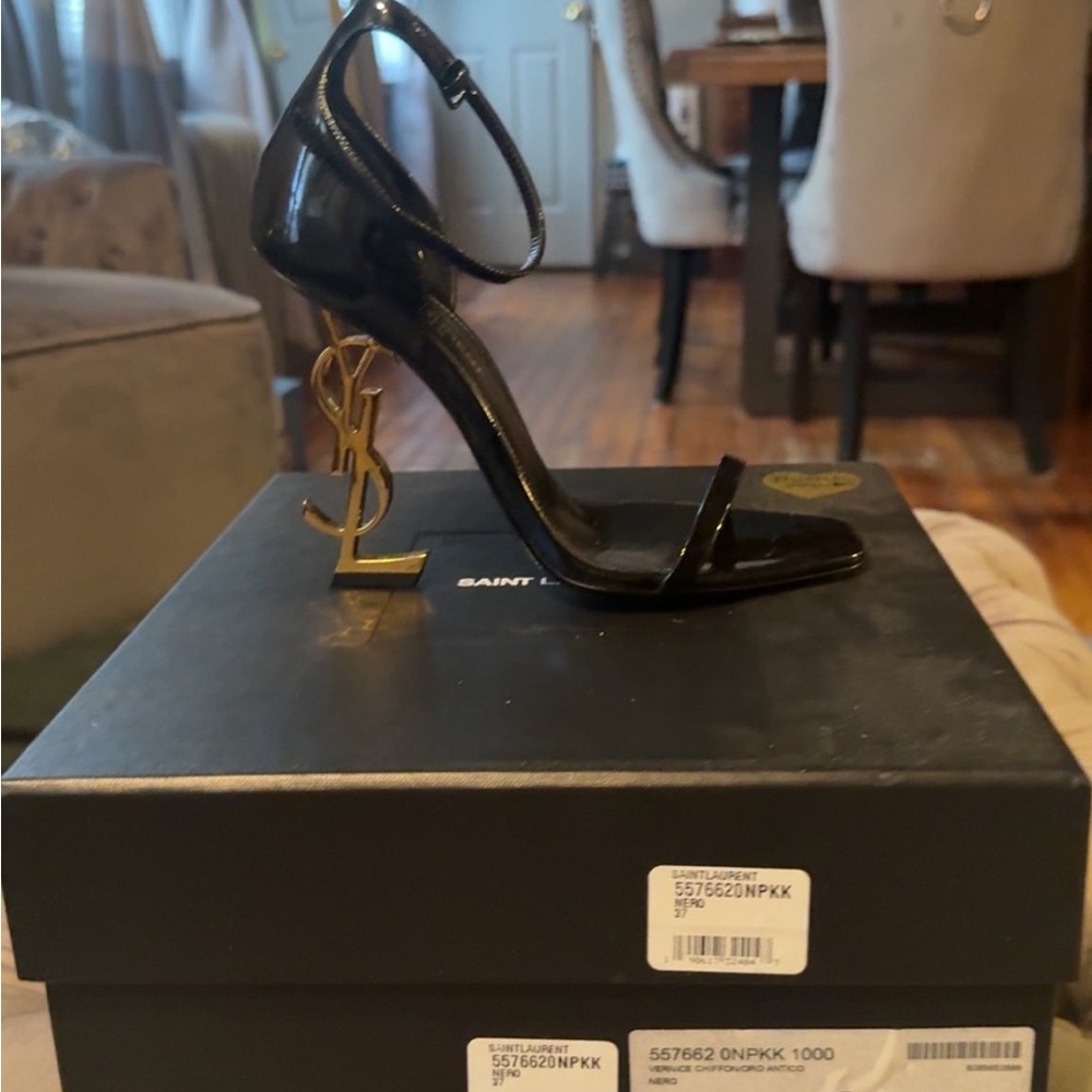 Saint Laurent Black Stiletto Heels with Gold Logo